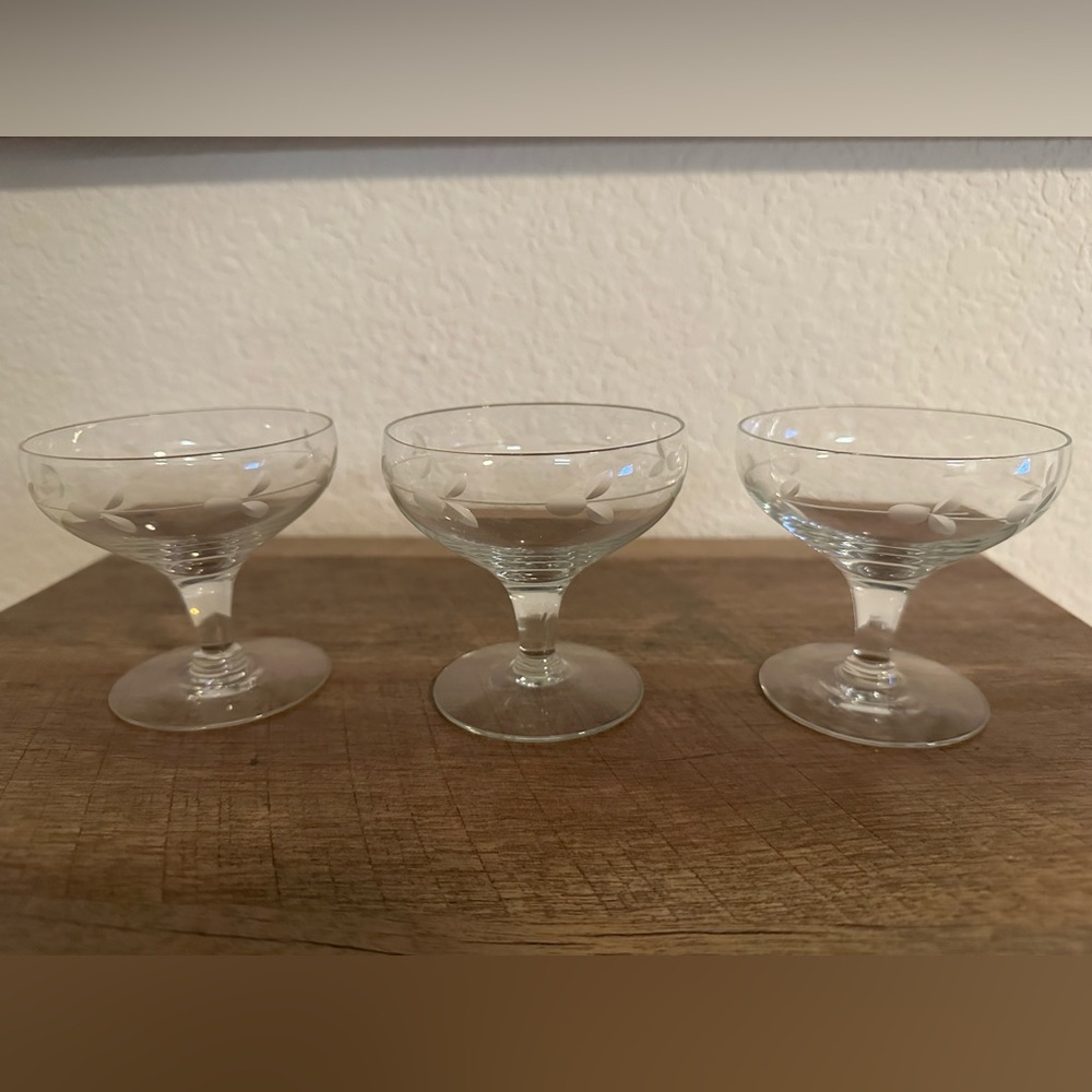3 Vintage etched crystal dessert glasses